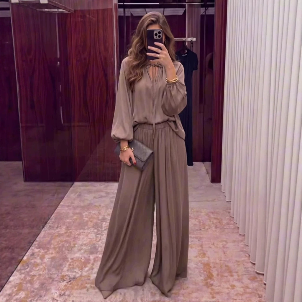 Solid color V-neck lace up loose pants set for women